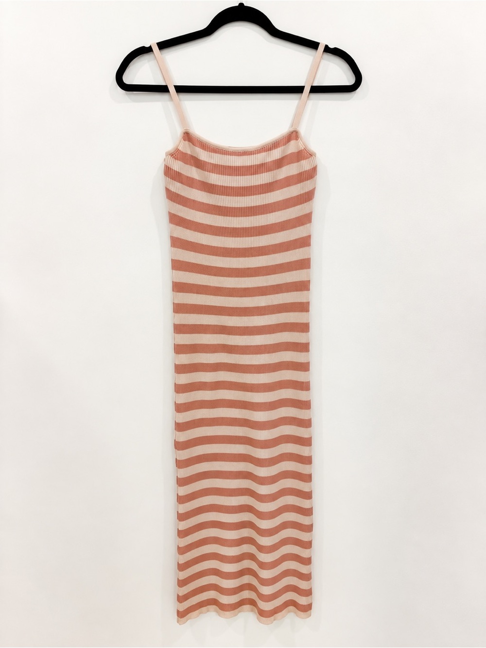 Zara Ribbed Striped Midi Maxi Dress Pink Cream Size M